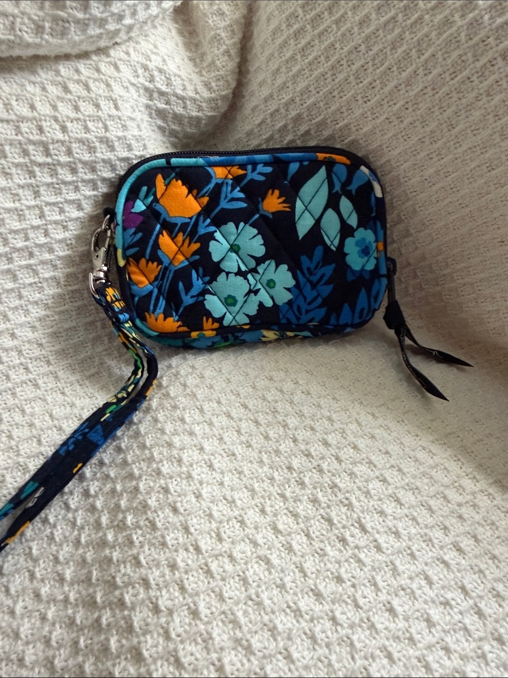 Vera Bradley Navy Floral Wristlet with Teal and Orange Accents